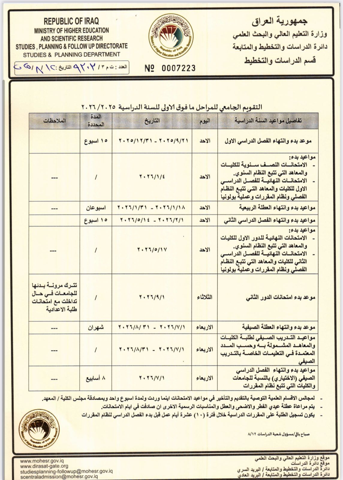وزارة التعليم العالي تعلن التقويم الجامعي للعام الدراسي 2026/2025